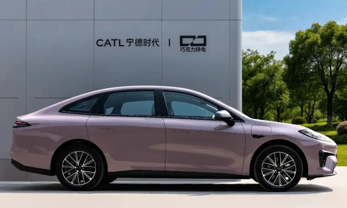 Side profile of the GAC Aion RT Super parked in front of CATL Choco-Swap branding, illustrating the Aion RT Super battery swap story.