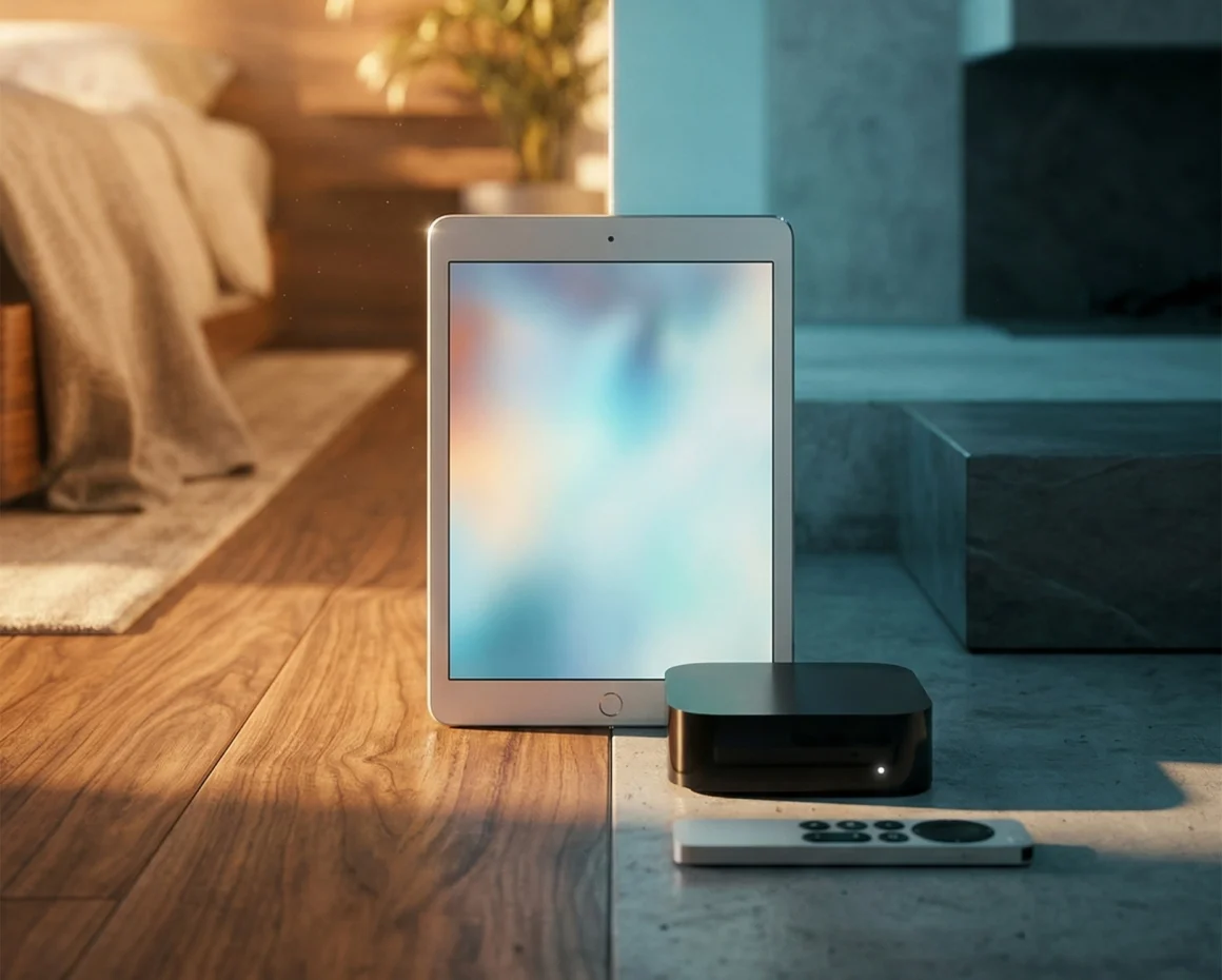 Working tablet and streaming device positioned outside a light boundary, representing devices no longer supported by Apple