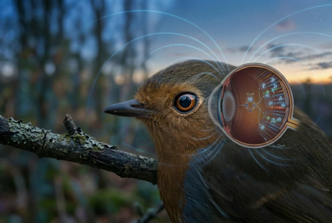 Close-up of a bird with a visual overlay illustrating Cry4 protein activity in the eye, representing bird magnetic field navigation and light-sensitive orientation