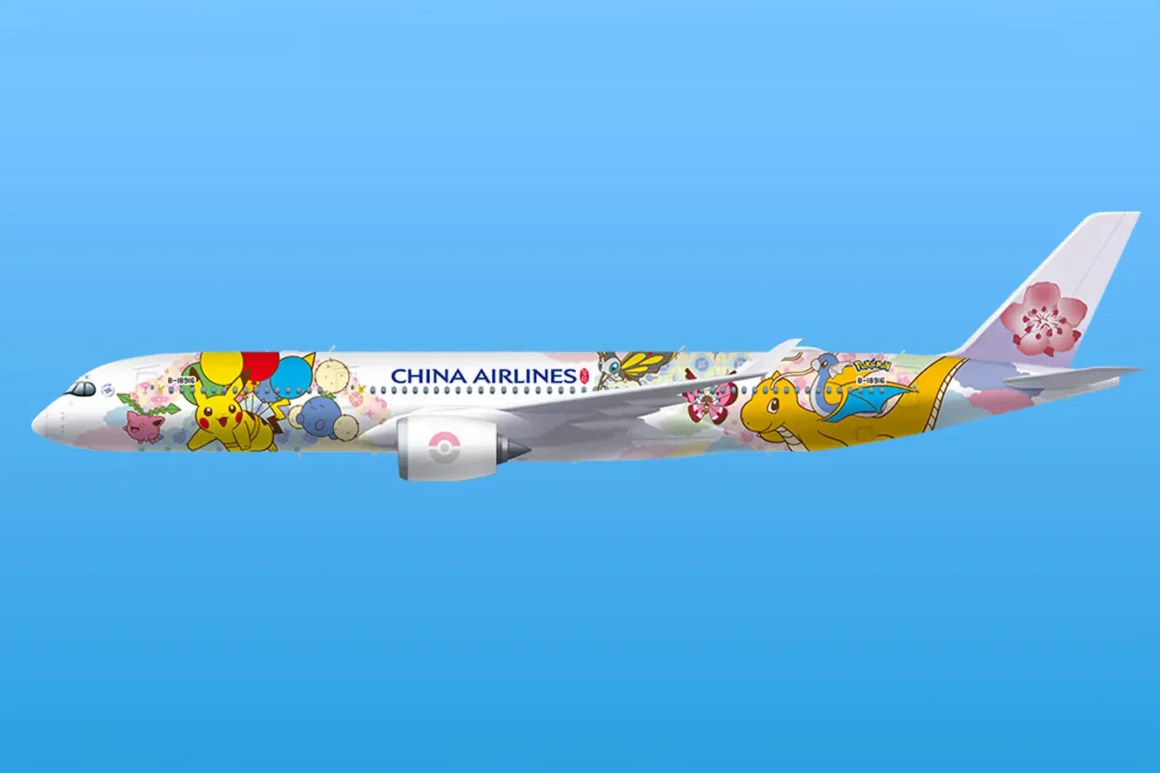 Side-view promotional image of China Airlines’ Pikachu Jet CI2 Airbus A350-900, decorated with Pikachu and other Pokémon across the fuselage against a blue background.