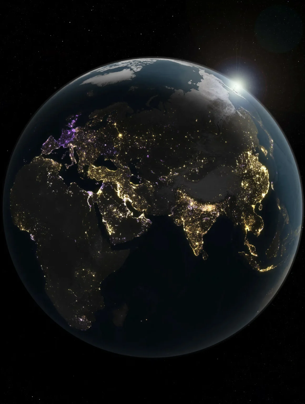 Alt Text: Satellite-derived nighttime view of Earth showing artificial lights across Europe, Africa, the Middle East, India, and East Asia.