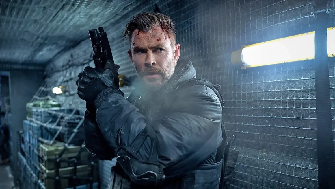 Chris Hemsworth as Tyler Rake during an intense fight scene in Extraction