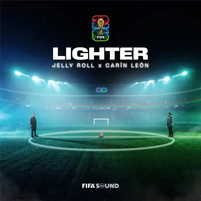 Official “Lighter” artwork for the FIFA World Cup 2026 album, showing a stadium scene with Jelly Roll and Carín León facing each other across a football pitch.