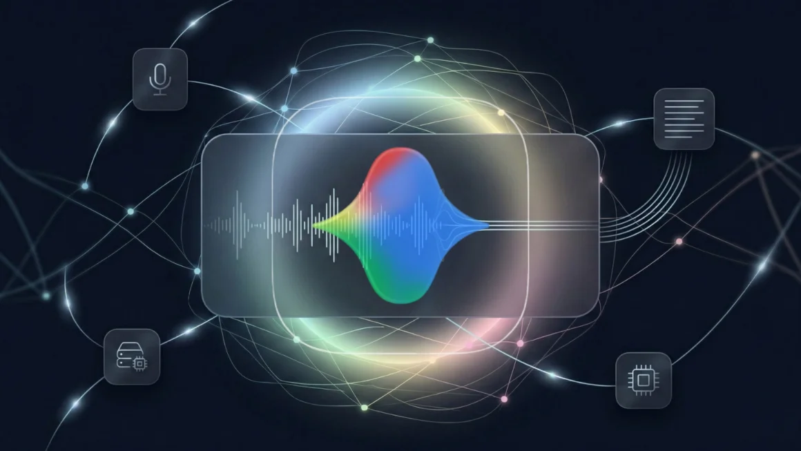Concept illustration for Google AI Edge Eloquent showing voice input, an audio waveform, on-device AI processing, and polished text across a dark neural-style interface.