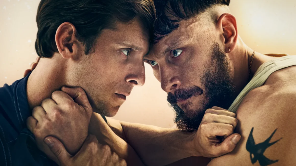 Richard Gadd and Jamie Bell in Half Man locked in a tense and intimate embrace
