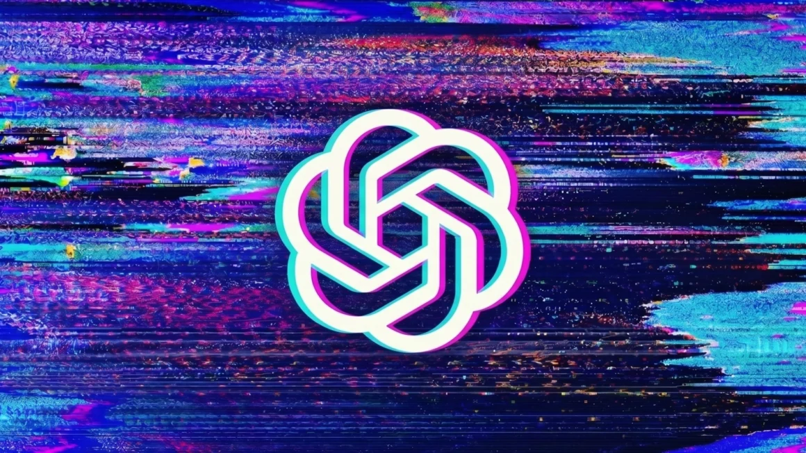 A bright white ChatGPT logo centered on a high-energy digital glitch background with vibrant neon blue, purple, and magenta static noise.