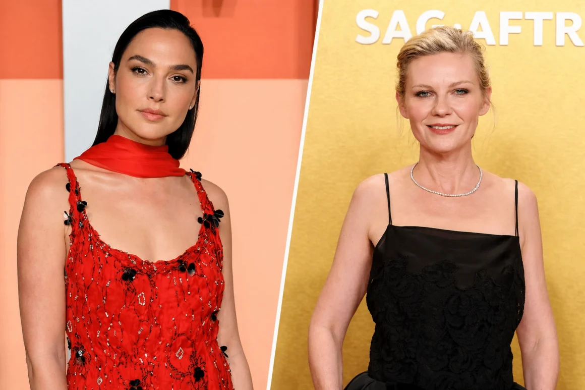 Kirsten Dunst and Gal Gadot side-by-side collage on the red carpet, highlighting their contrasting career paths