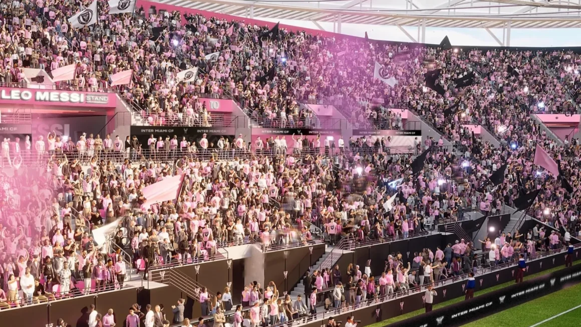 Artist’s rendering of the Leo Messi Stand at Nu Stadium filled with Inter Miami fans in pink, waving flags and lighting up the stands above the pitch.
