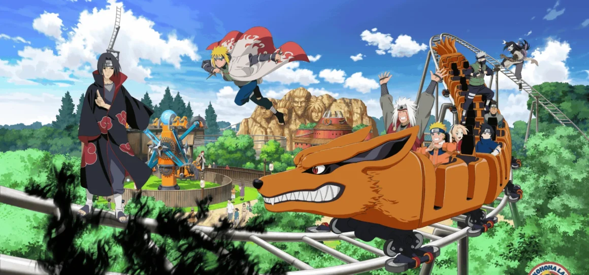 Naruto Konoha Land France promotional artwork showing Naruto characters, a Kurama-themed roller coaster, and Hidden Leaf-inspired scenery at Parc Spirou Provence.