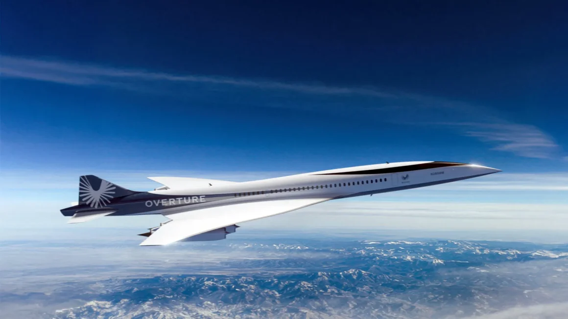 Overture supersonic passenger jet flying above mountains and clouds