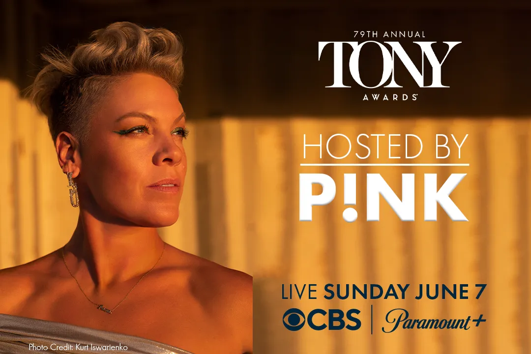 Pink Tony Awards 2026 image showing Pink in warm golden light beside text announcing her as host of the 79th Annual Tony Awards