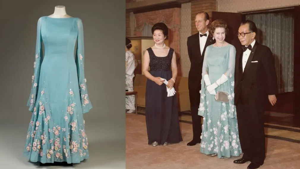 Turquoise evening gown displayed beside an archival formal event photograph in the Queen Elizabeth style exhibition at Buckingham Palace.