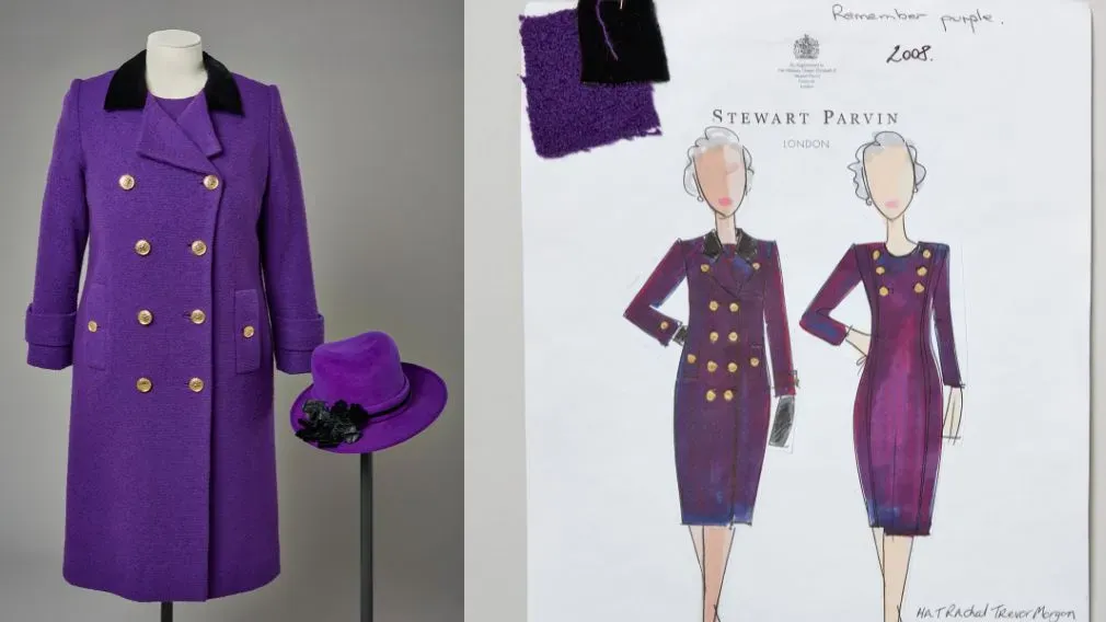 Purple coatdress and hat displayed next to a fashion sketch in the Queen Elizabeth style exhibition at Buckingham Palace.