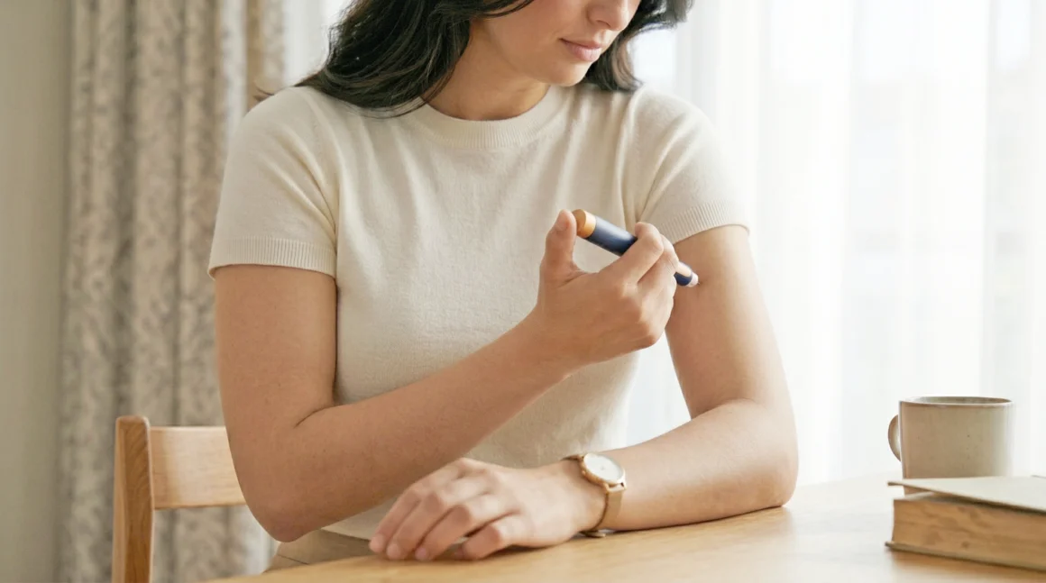Woman injecting insulin into her upper arm while sitting at a table indoors