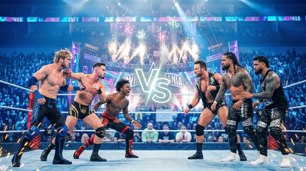 WWE wrestlers staring each other down in a six-man tag match setup at WrestleMania