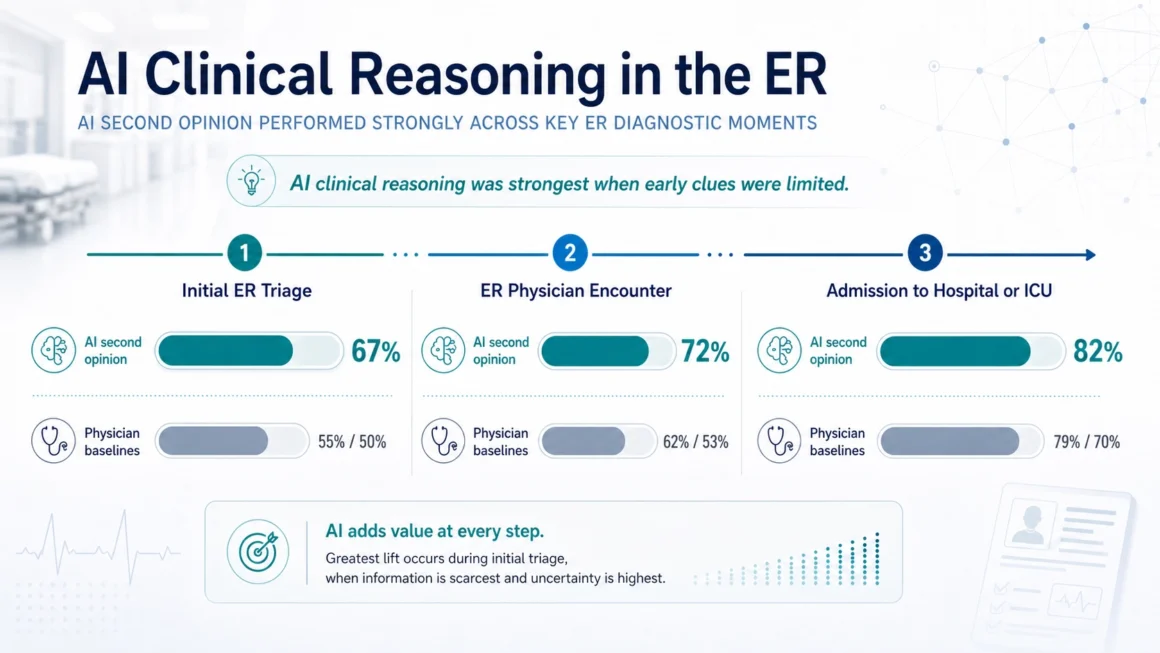AI clinical reasoning infographic showing three emergency-room stages: initial ER triage, ER physician encounter, and admission decision, with AI second-opinion performance rising from 67% to 72% to 82%.