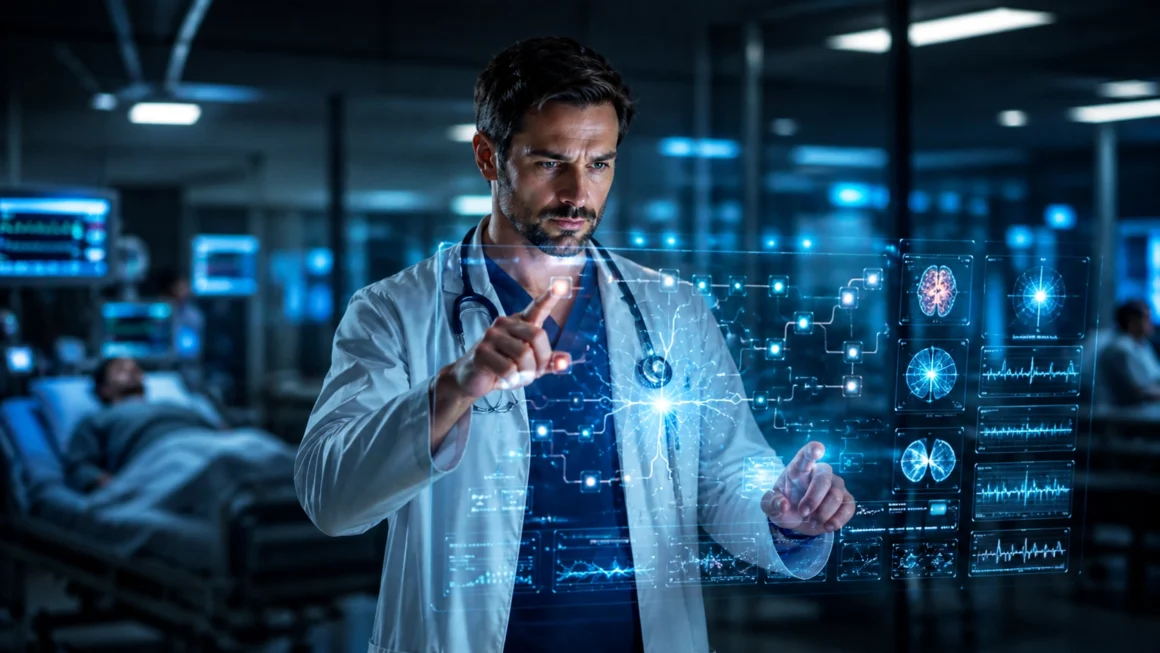 AI clinical reasoning concept image showing a doctor in a hospital emergency setting interacting with a futuristic diagnostic interface.