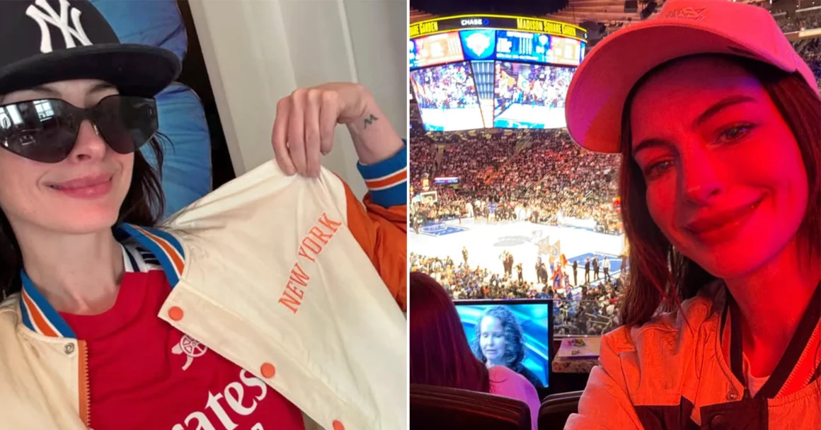 Anne Hathaway 2026 Knicks courtside visibility shown through two Madison Square Garden selfies, including New York team merch and a packed arena scene.