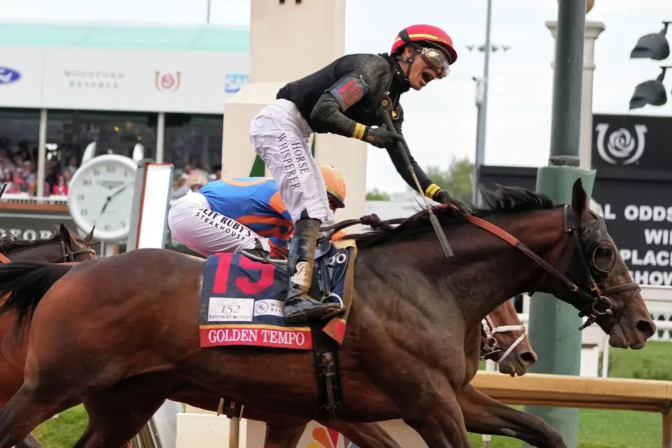 Golden Tempo wins the Kentucky Derby 2026 with jockey Jose Ortiz celebrating