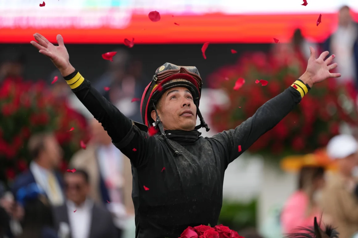 Jose Ortiz celebrates winning the Kentucky Derby 2026 on Golden Tempo