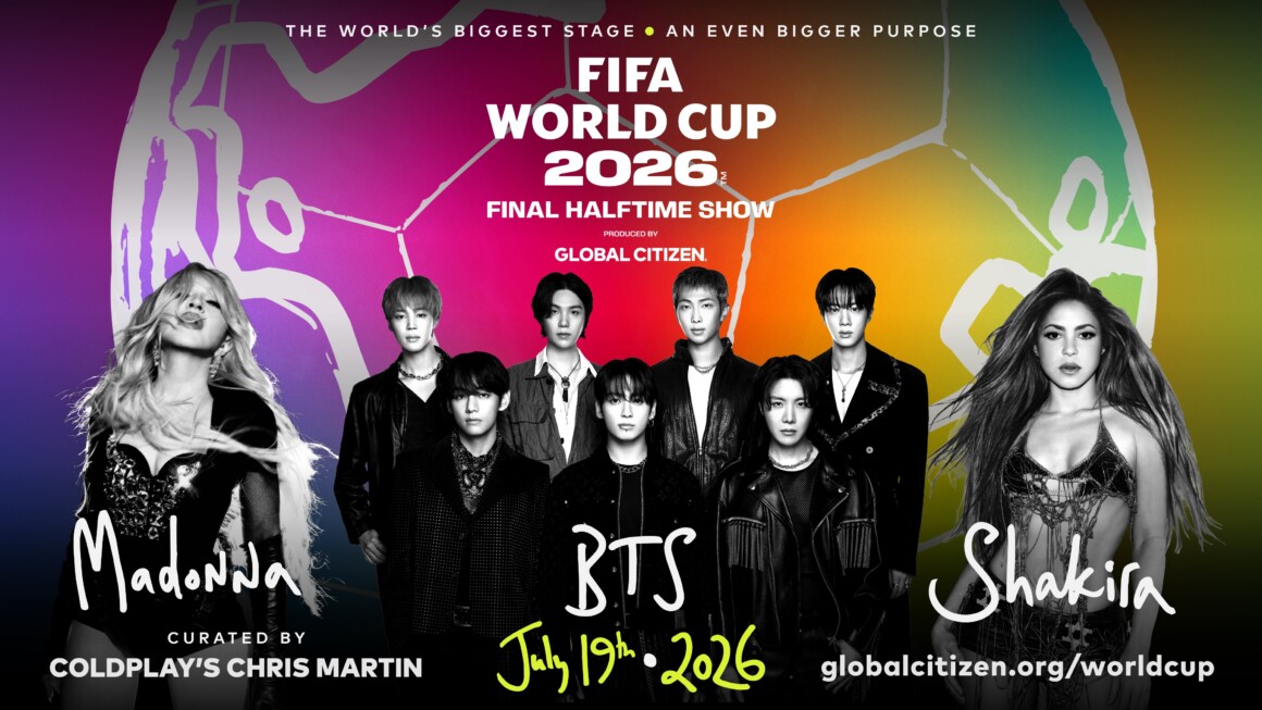 FIFA World Cup 2026 halftime show graphic featuring Madonna, BTS and Shakira.