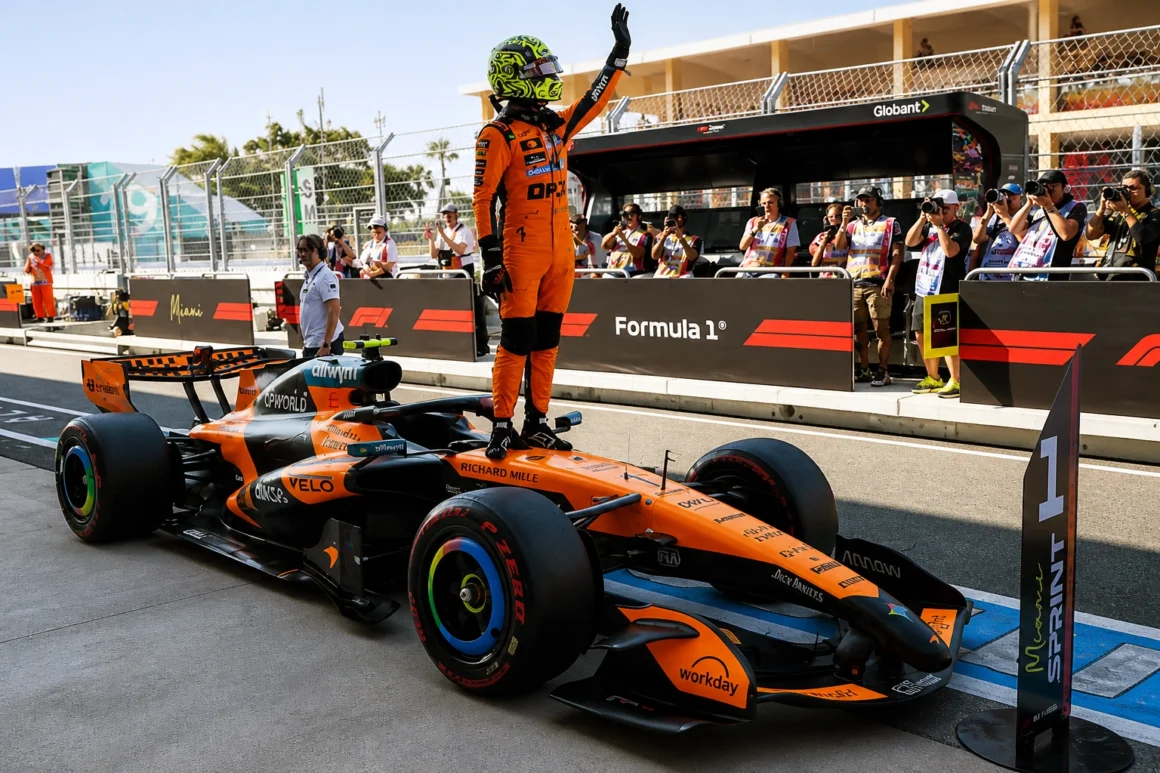Lando Norris driving McLaren car during Miami sprint qualifying lap